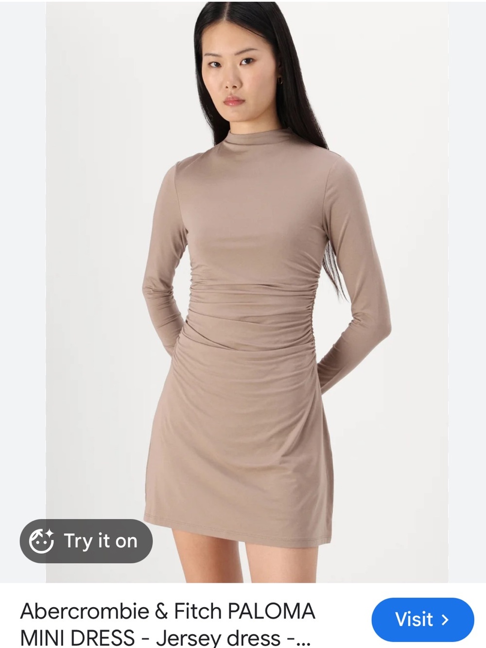 Abercrombie & Fitch Taupe Long-Sleeve Ruched Side Mini Dress